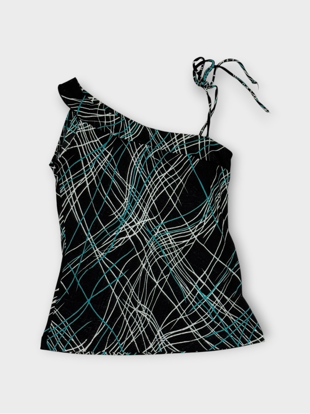 Charlotte Russe One-Shoulder Black Camisole with Teal & White Line Pattern